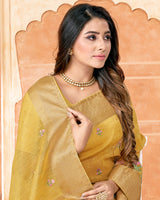 Vishal Prints Light Mustard Poly Cotton Saree With Embroidery-Diamond Work And Tassel