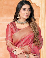 Vishal Prints Pastel Red Poly Cotton Saree With Embroidery-Diamond Work And Tassel