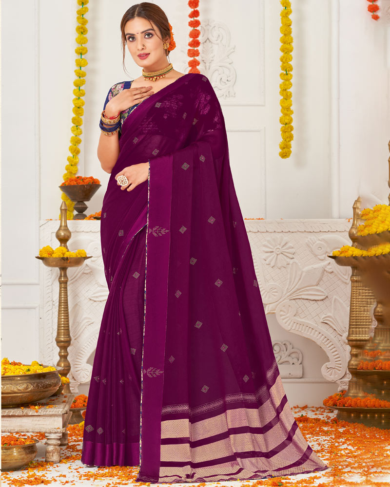 Vishal Prints Purple Chiffon Saree With Stone Work And Core Piping