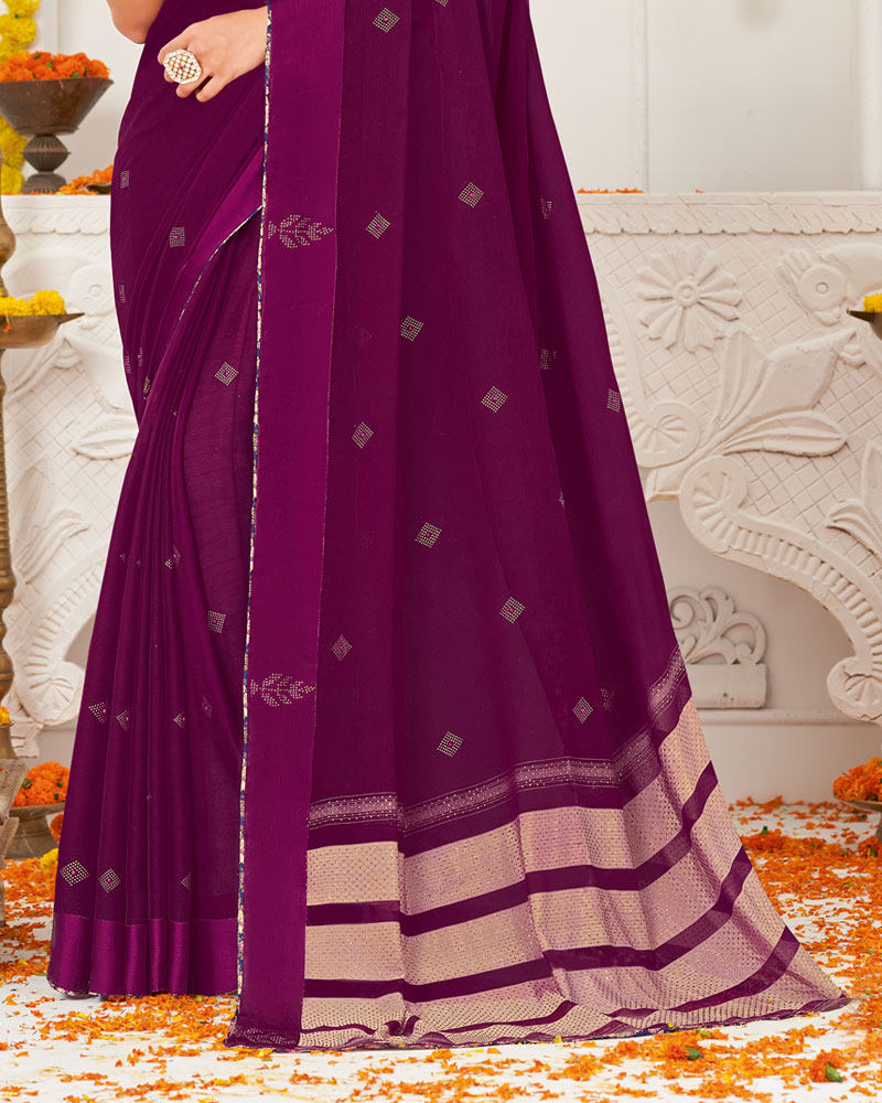 Vishal Prints Purple Chiffon Saree With Stone Work And Core Piping