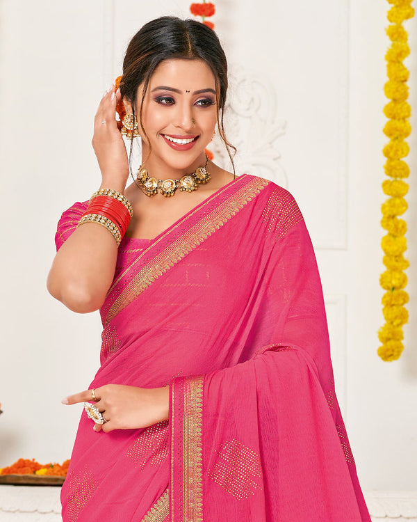 Vishal Prints Rose Pink Chiffon Saree With Stone Work And Zari Border