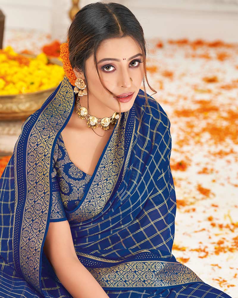 Vishal Prints Blue Chiffon Saree With Foil Print And Zari Border
