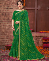 Vishal Prints Dark Green Patterned Chiffon Printed Saree With Fancy Border