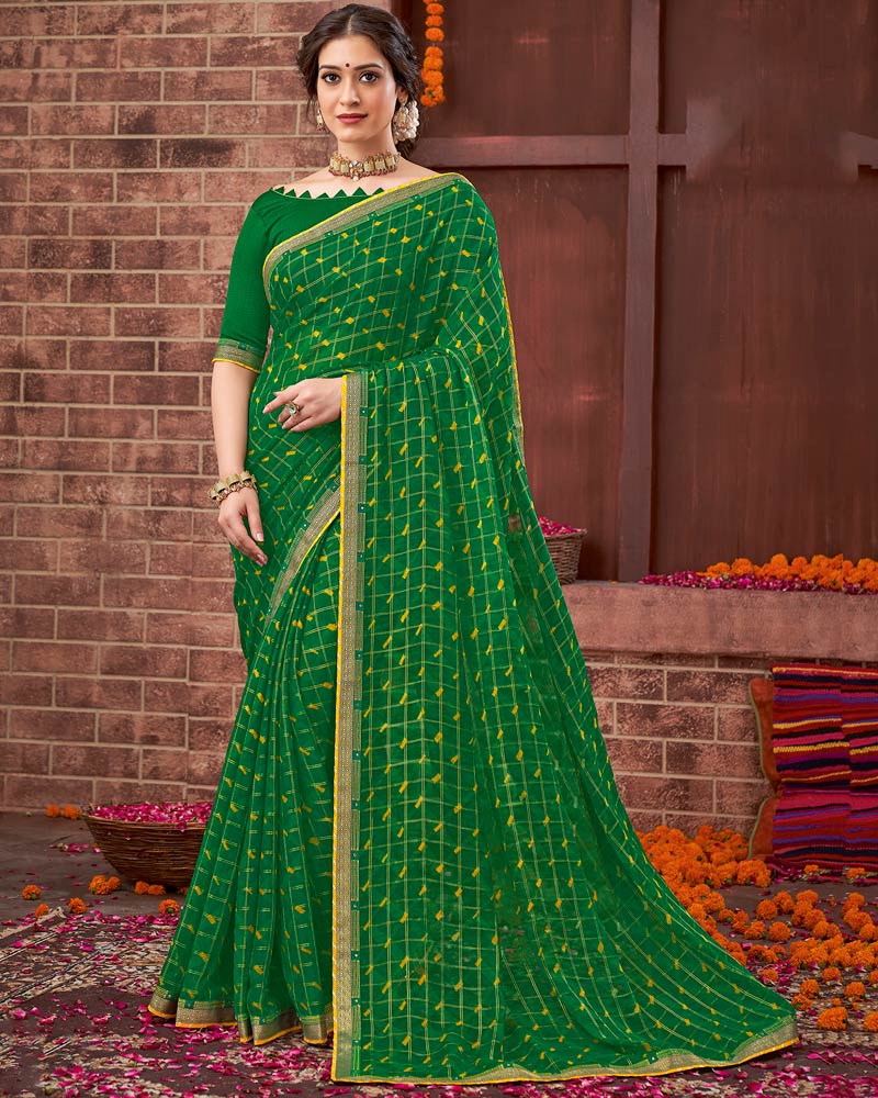 Vishal Prints Dark Green Patterned Chiffon Printed Saree With Fancy Border
