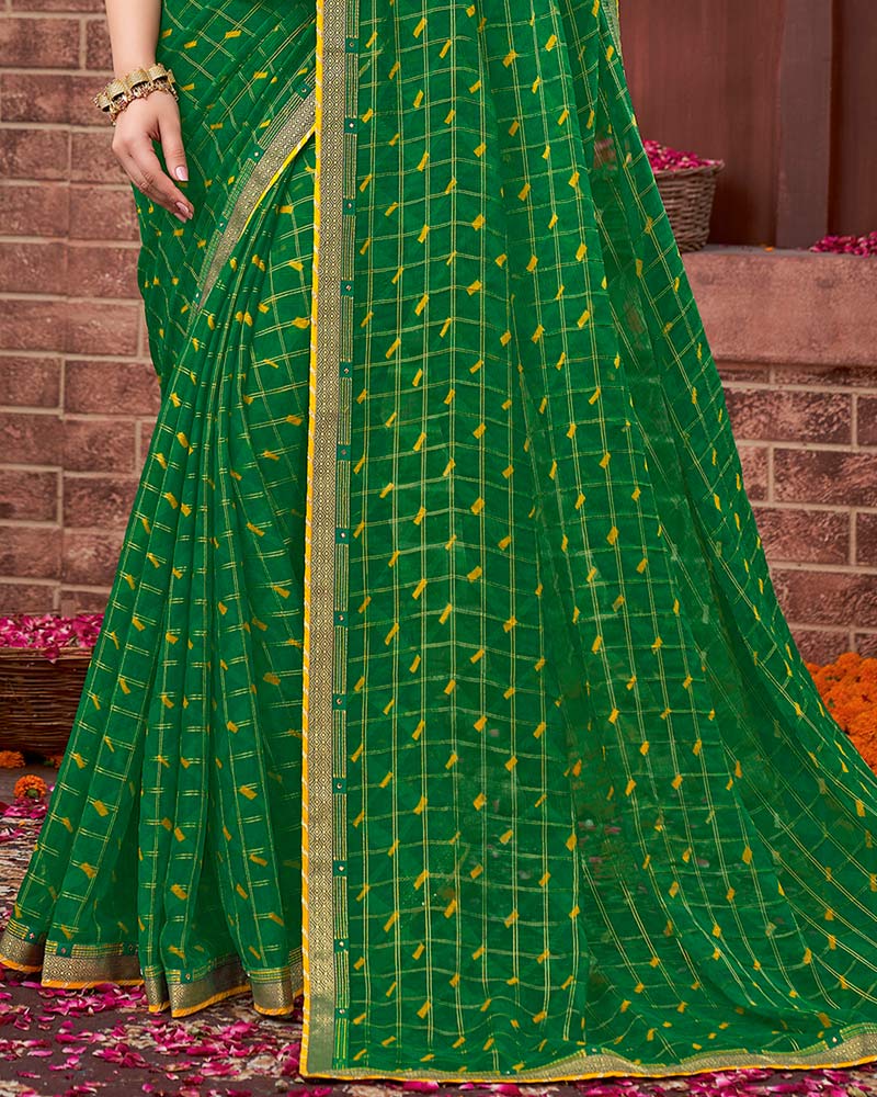 Vishal Prints Dark Green Patterned Chiffon Printed Saree With Fancy Border