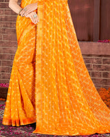 Vishal Prints Yellowish Orange Patterned Chiffon Printed Saree With Fancy Border