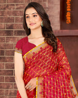 Vishal Prints Dark Red Patterned Chiffon Printed Saree With Fancy Border