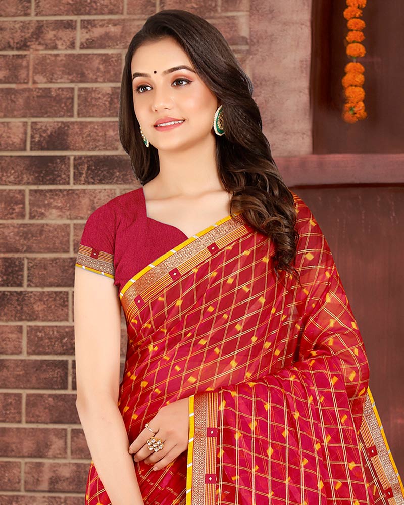 Vishal Prints Dark Red Patterned Chiffon Printed Saree With Fancy Border