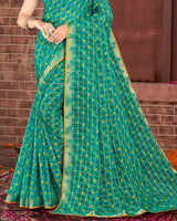 Vishal Prints Teal Blue Patterned Chiffon Printed Saree With Fancy Border