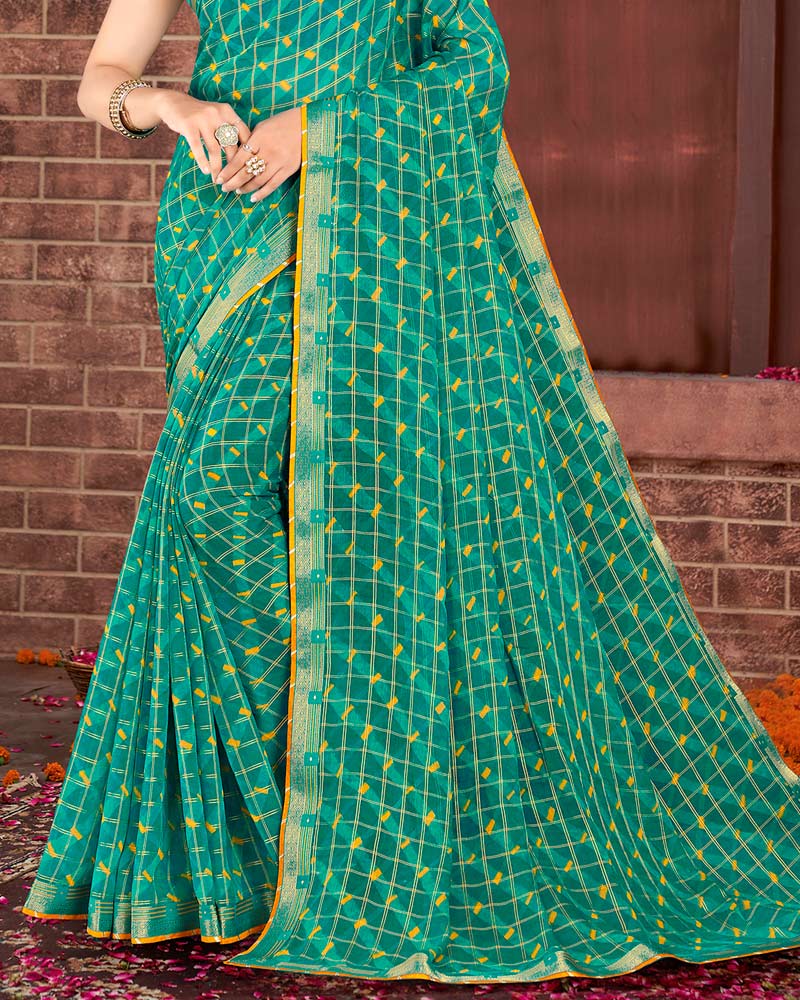 Vishal Prints Teal Blue Patterned Chiffon Printed Saree With Fancy Border