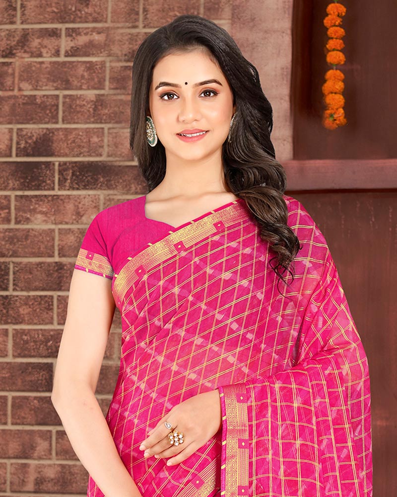 Vishal Prints Hot Pink Patterned Chiffon Printed Saree With Fancy Border