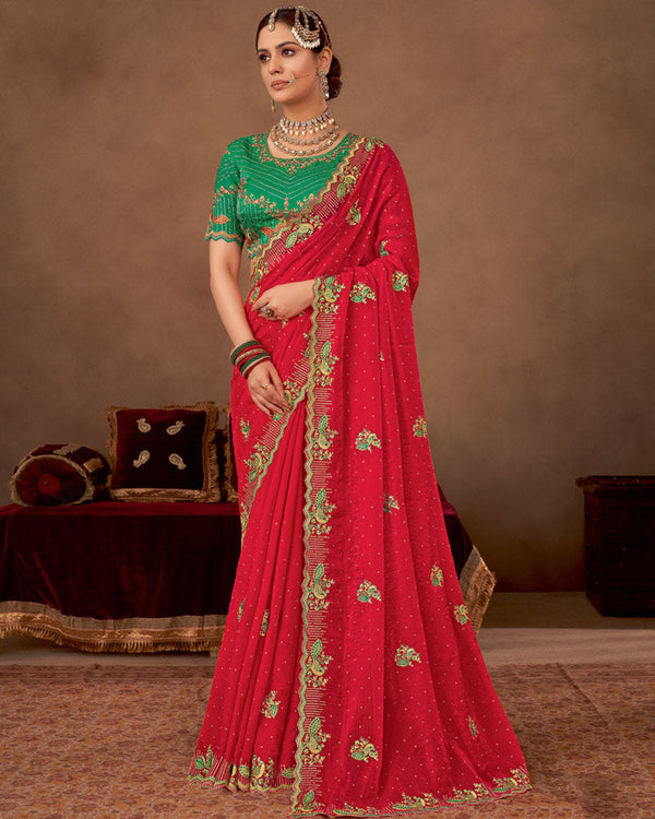 Vishal Prints Lipstick Red Designer Fancy Satin-Chiffon Saree With Embroidery-Diamond Work And Cut Work Border