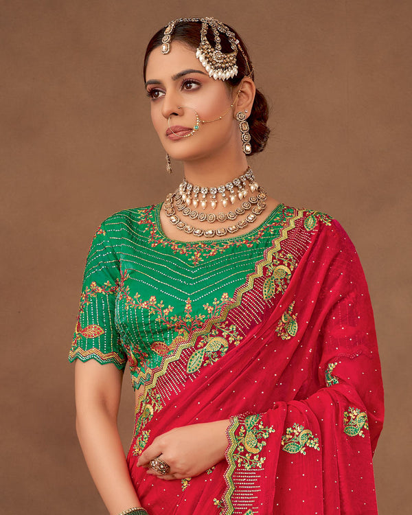 Vishal Prints Lipstick Red Designer Fancy Satin-Chiffon Saree With Embroidery-Diamond Work And Cut Work Border