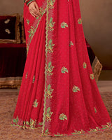 Vishal Prints Lipstick Red Designer Fancy Satin-Chiffon Saree With Embroidery-Diamond Work And Cut Work Border