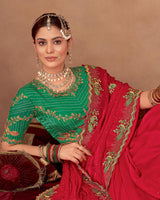 Vishal Prints Lipstick Red Designer Fancy Satin-Chiffon Saree With Embroidery-Diamond Work And Cut Work Border