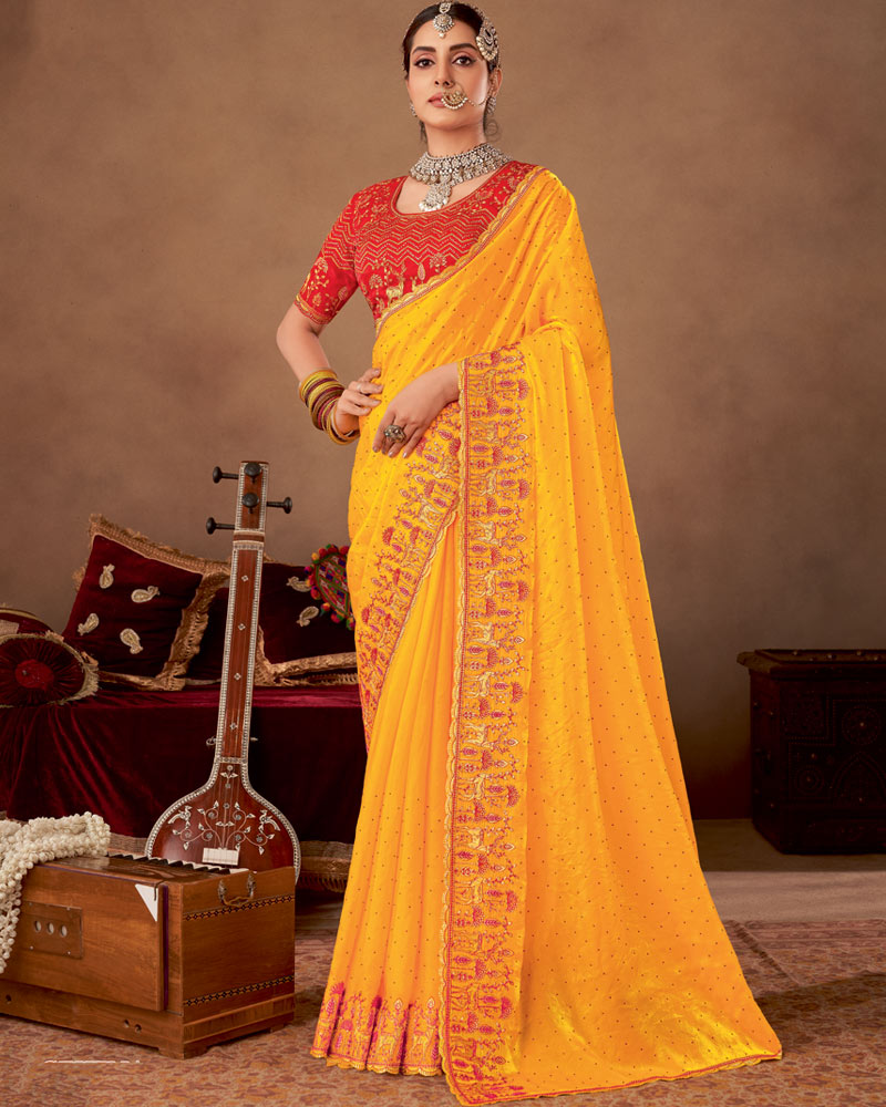 Vishal Prints Yellowish Orange Designer Fancy Satin-Chiffon Saree With Embroidery-Diamond Work And Cut Work Border
