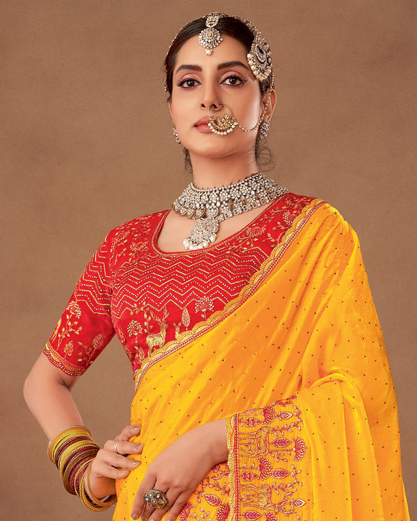 Vishal Prints Yellowish Orange Designer Fancy Satin-Chiffon Saree With Embroidery-Diamond Work And Cut Work Border