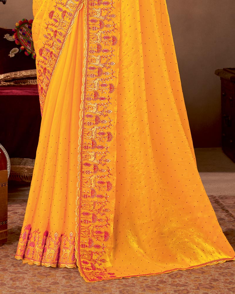 Vishal Prints Yellowish Orange Designer Fancy Satin-Chiffon Saree With Embroidery-Diamond Work And Cut Work Border