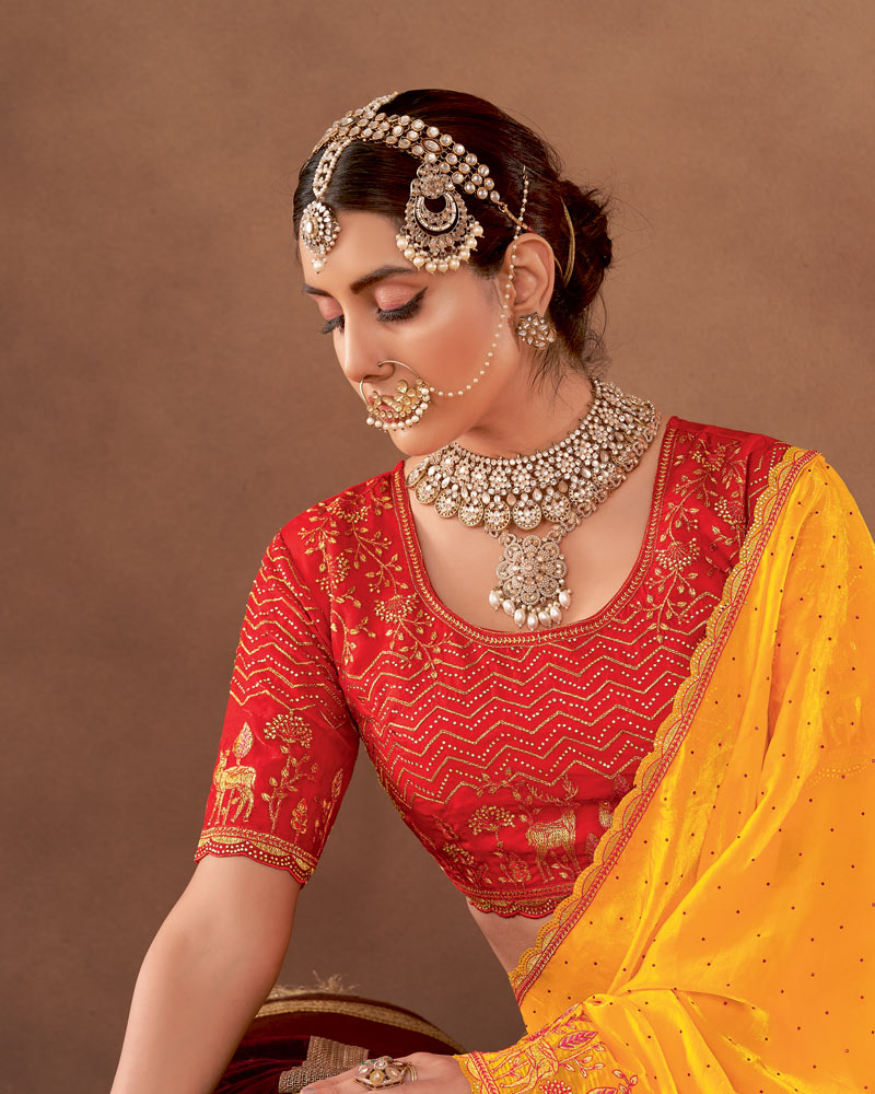 Vishal Prints Yellowish Orange Designer Fancy Satin-Chiffon Saree With Embroidery-Diamond Work And Cut Work Border