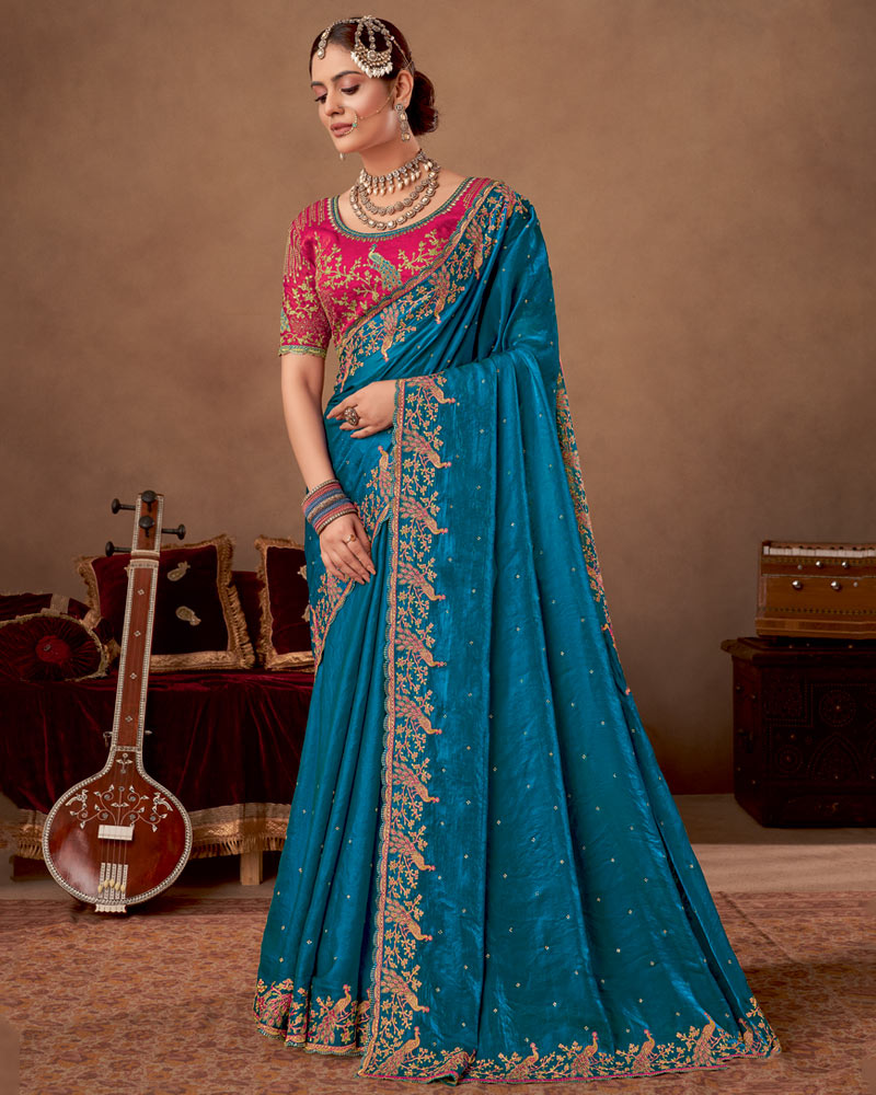 Vishal Prints Peacock Blue Designer Fancy Satin-Chiffon Saree With Embroidery-Diamond Work And Cut Work Border