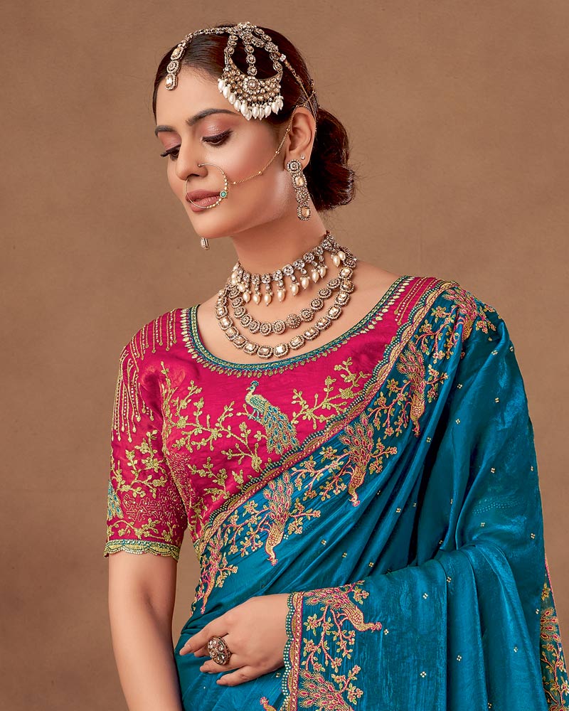 Vishal Prints Peacock Blue Designer Fancy Satin-Chiffon Saree With Embroidery-Diamond Work And Cut Work Border