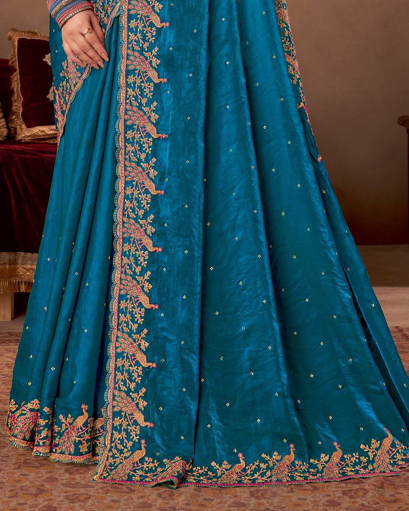 Vishal Prints Peacock Blue Designer Fancy Satin-Chiffon Saree With Embroidery-Diamond Work And Cut Work Border