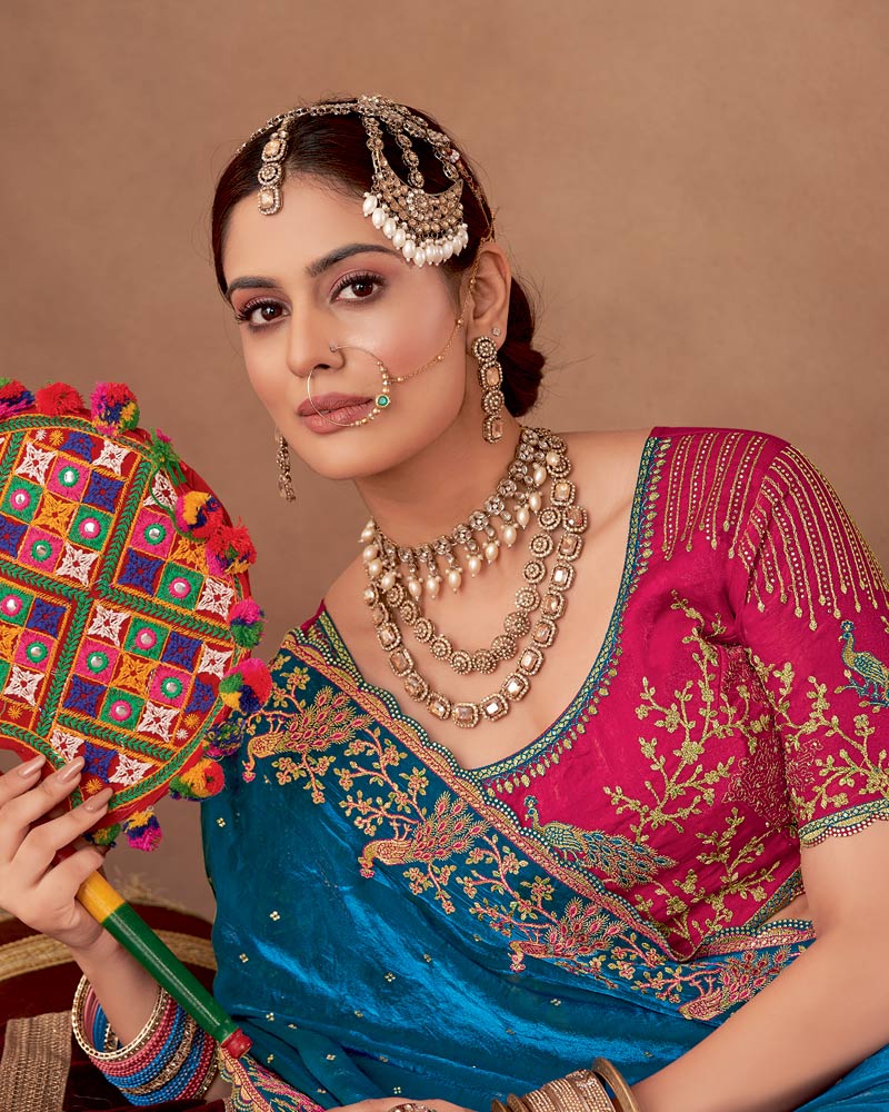 Vishal Prints Peacock Blue Designer Fancy Satin-Chiffon Saree With Embroidery-Diamond Work And Cut Work Border