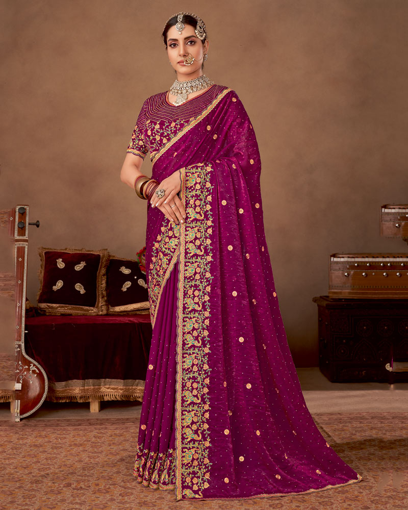 Vishal Prints Wine Berry Designer Fancy Satin-Chiffon Saree With Embroidery-Diamond Work And Cut Work Border