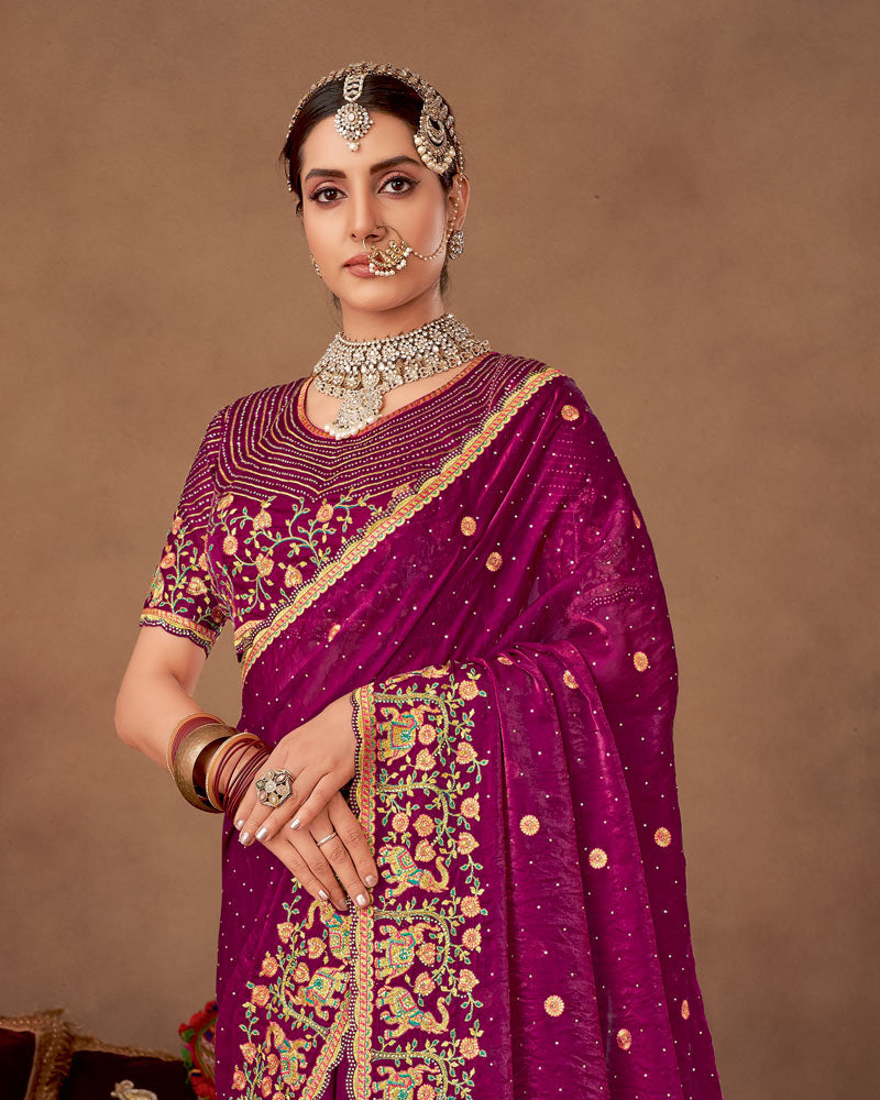 Vishal Prints Wine Berry Designer Fancy Satin-Chiffon Saree With Embroidery-Diamond Work And Cut Work Border
