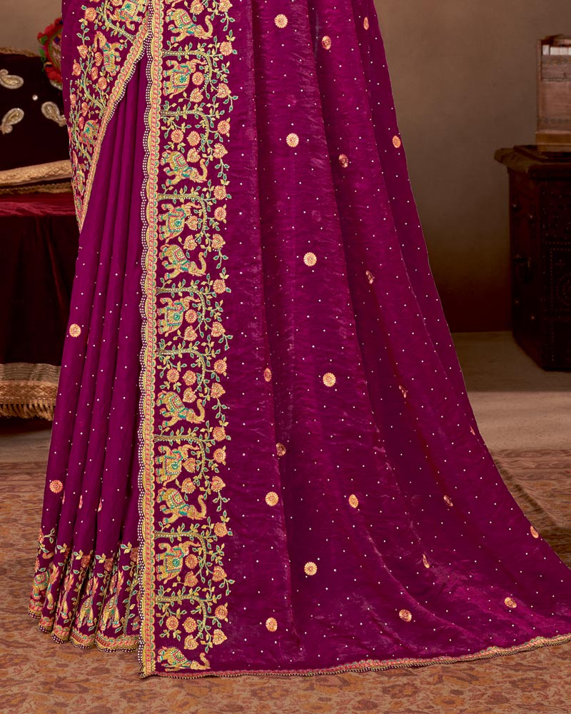 Vishal Prints Wine Berry Designer Fancy Satin-Chiffon Saree With Embroidery-Diamond Work And Cut Work Border