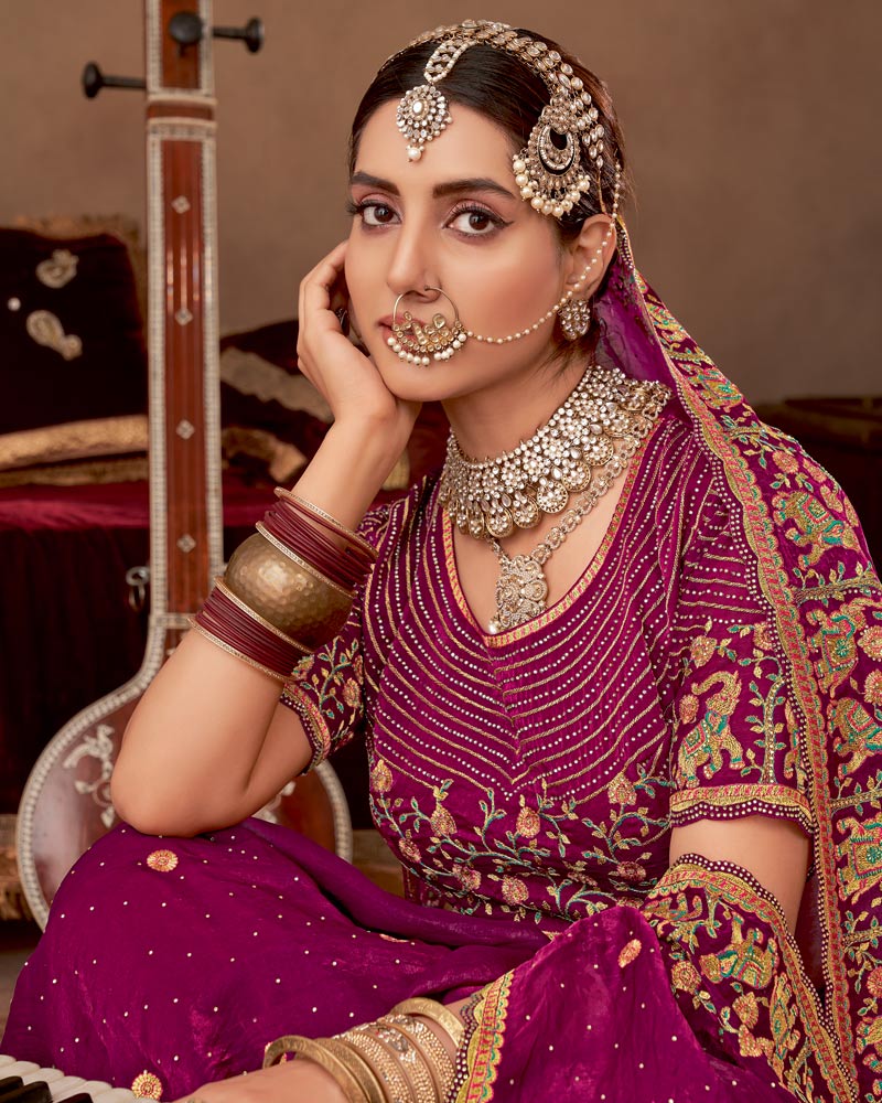 Vishal Prints Wine Berry Designer Fancy Satin-Chiffon Saree With Embroidery-Diamond Work And Cut Work Border
