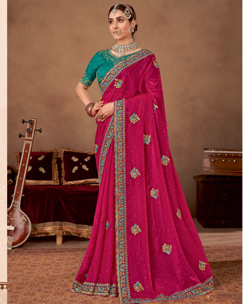 Vishal Prints Purplish Red Designer Fancy Satin-Chiffon Saree With Embroidery-Diamond Work And Cut Work Border