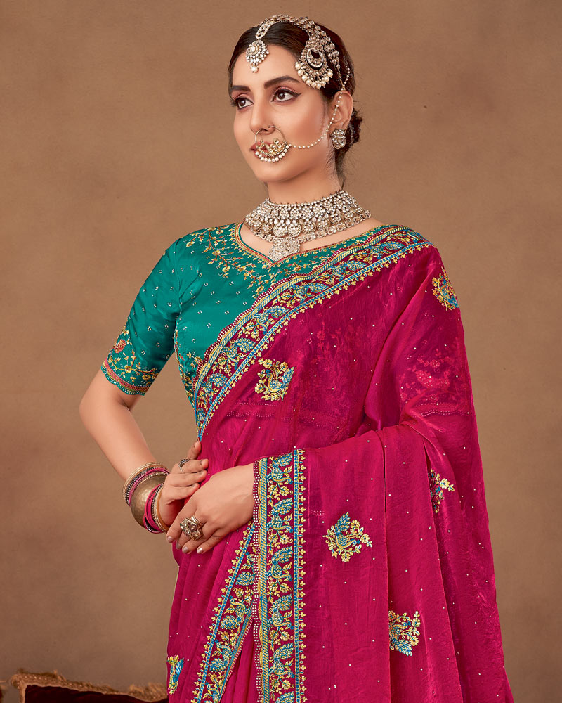 Vishal Prints Purplish Red Designer Fancy Satin-Chiffon Saree With Embroidery-Diamond Work And Cut Work Border