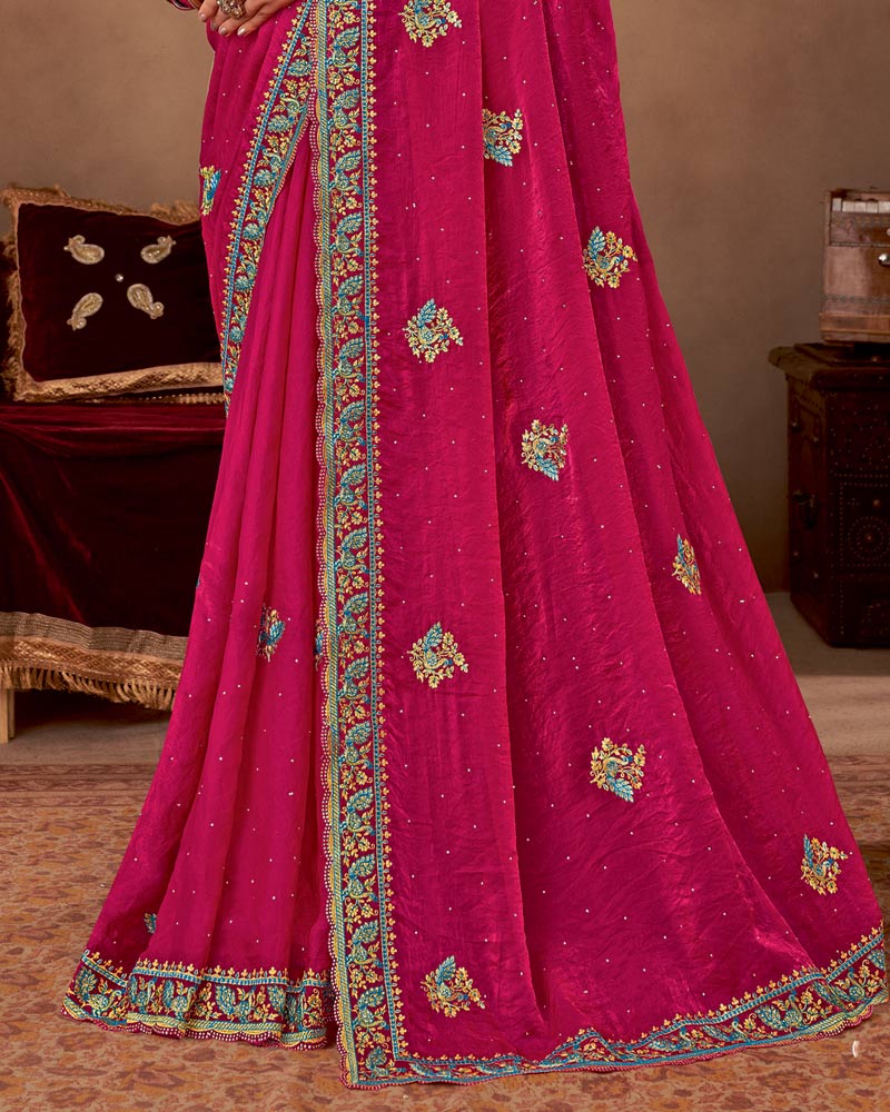 Vishal Prints Purplish Red Designer Fancy Satin-Chiffon Saree With Embroidery-Diamond Work And Cut Work Border