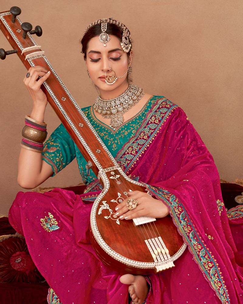 Vishal Prints Purplish Red Designer Fancy Satin-Chiffon Saree With Embroidery-Diamond Work And Cut Work Border