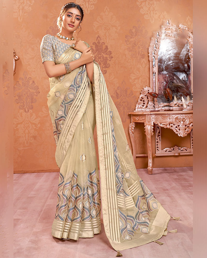 Vishal Prints Light Brown Tissue Brasso Saree With Tassel