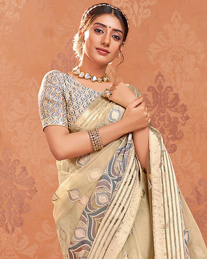 Vishal Prints Light Brown Tissue Brasso Saree With Tassel