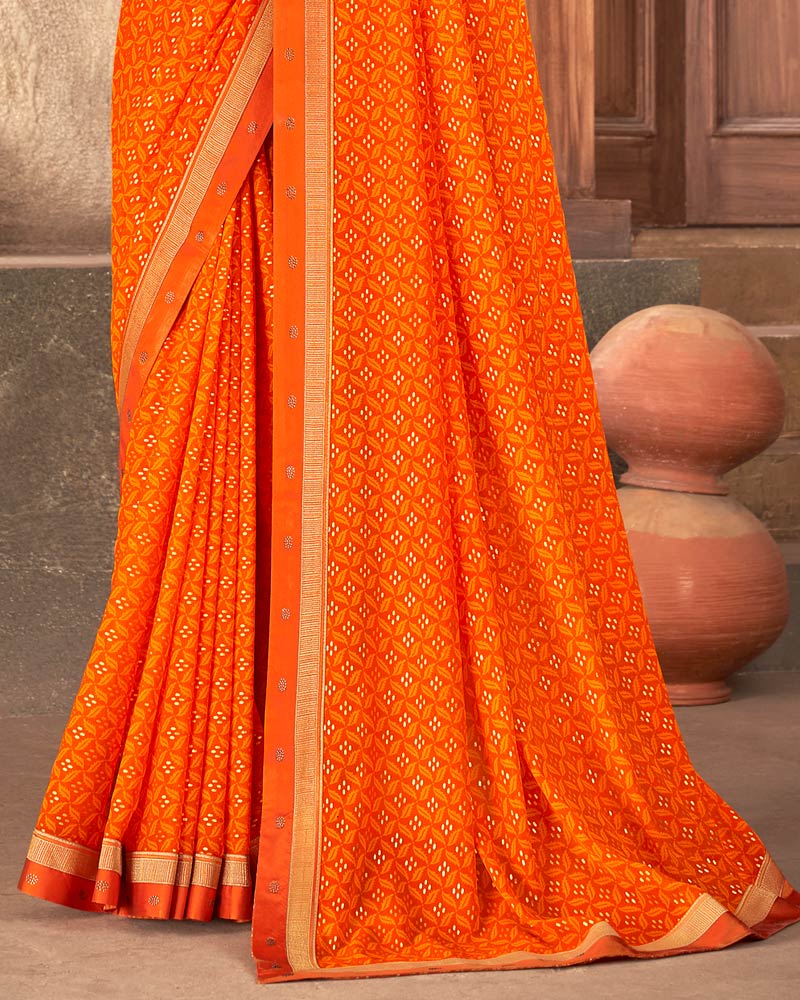 Vishal Prints Orange Georgette Saree With Foil Print And Zari Border
