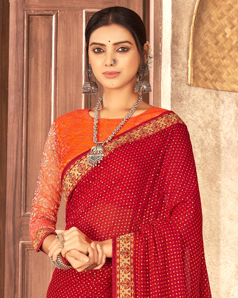 Vishal Prints Dark Red Georgette Saree With Foil Print And Zari Border