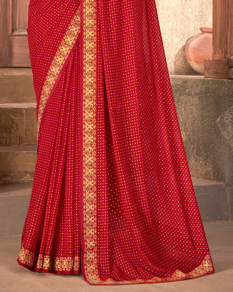 Vishal Prints Dark Red Georgette Saree With Foil Print And Zari Border