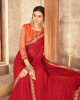 Vishal Prints Dark Red Georgette Saree With Foil Print And Zari Border