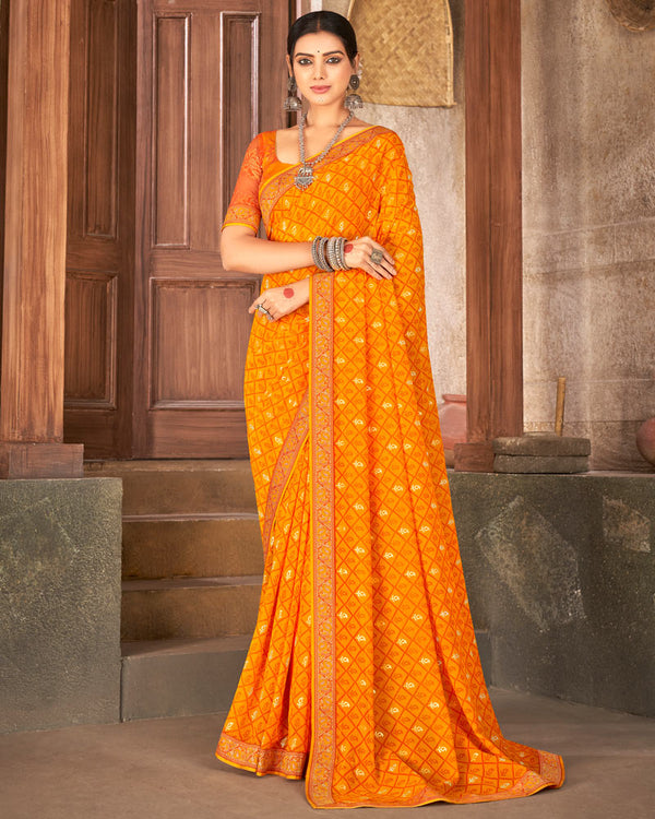 Vishal Prints Yellowish Orange Georgette Saree With Foil Print And Zari Border