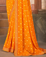 Vishal Prints Yellowish Orange Georgette Saree With Foil Print And Zari Border
