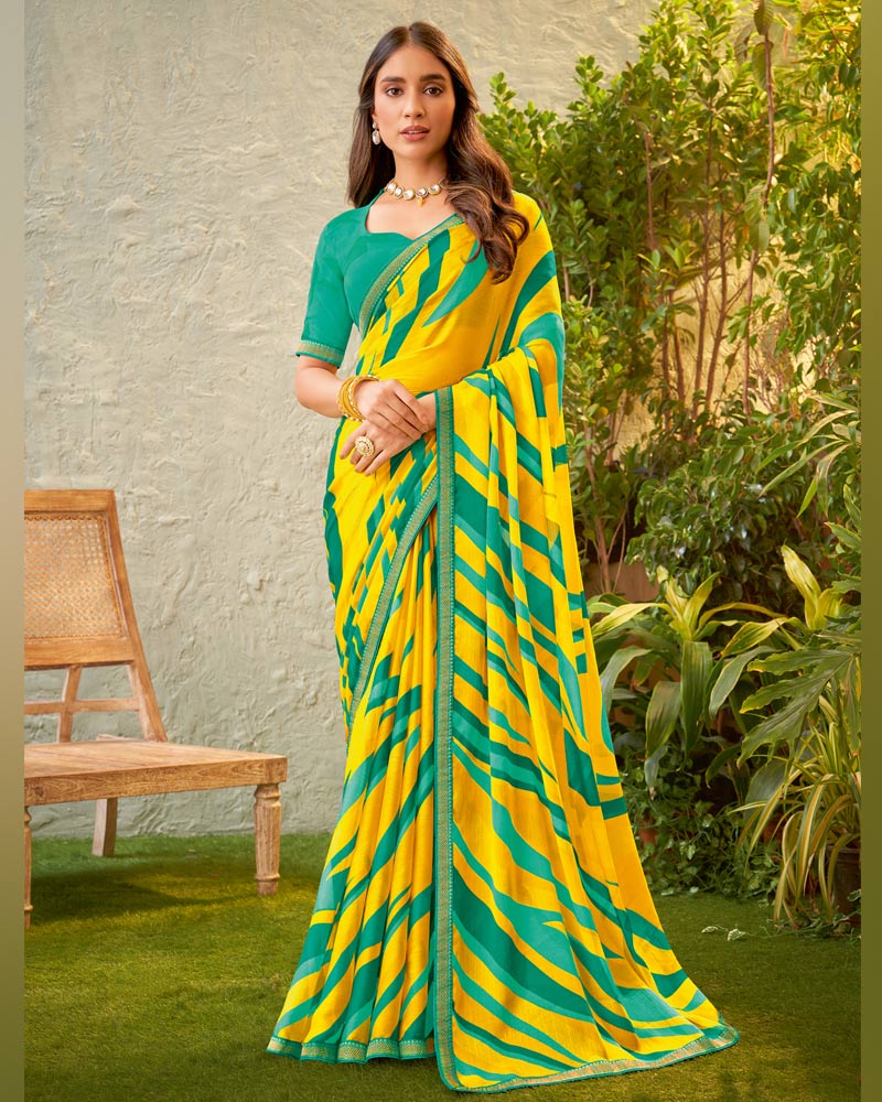 Vishal Prints Golden Yellow Fancy Chiffon Printed Saree With Zari Border