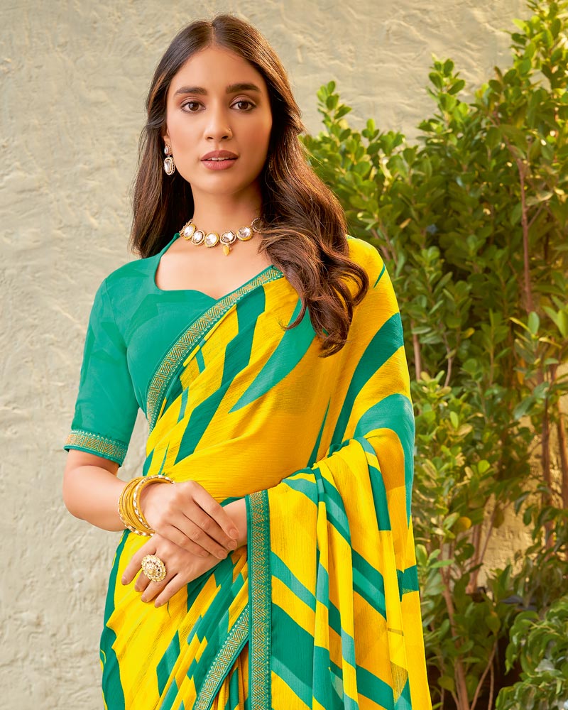 Vishal Prints Golden Yellow Fancy Chiffon Printed Saree With Zari Border