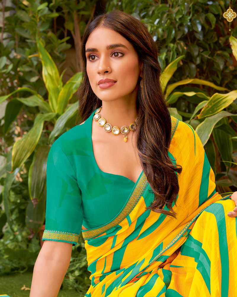 Vishal Prints Golden Yellow Fancy Chiffon Printed Saree With Zari Border