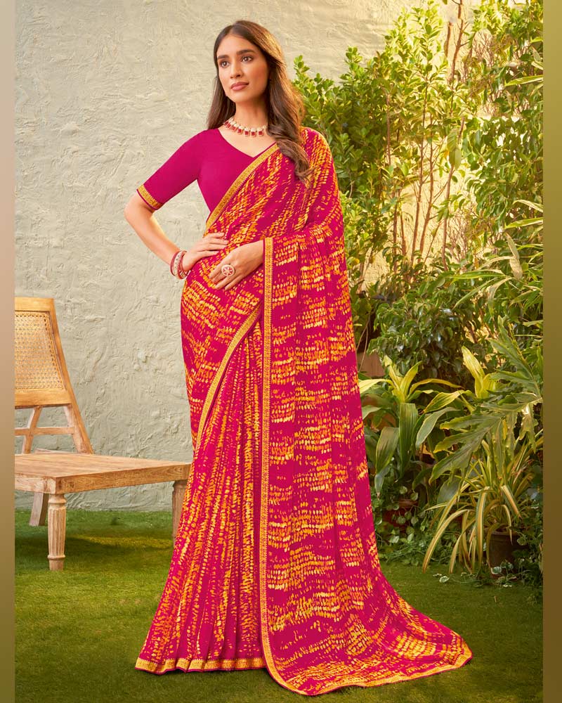 Vishal Prints Red Violet Fancy Chiffon Printed Saree With Zari Border