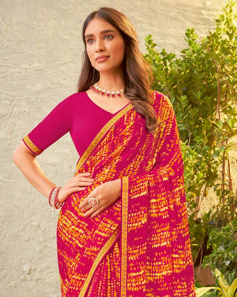 Vishal Prints Red Violet Fancy Chiffon Printed Saree With Zari Border