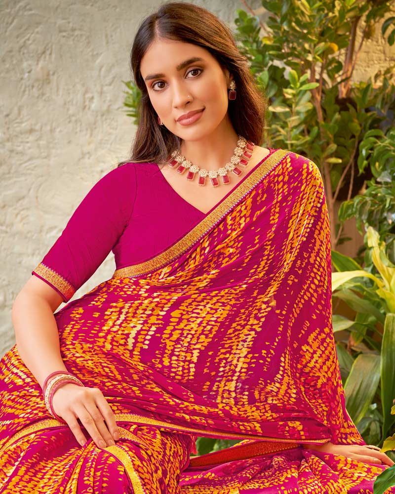 Vishal Prints Red Violet Fancy Chiffon Printed Saree With Zari Border