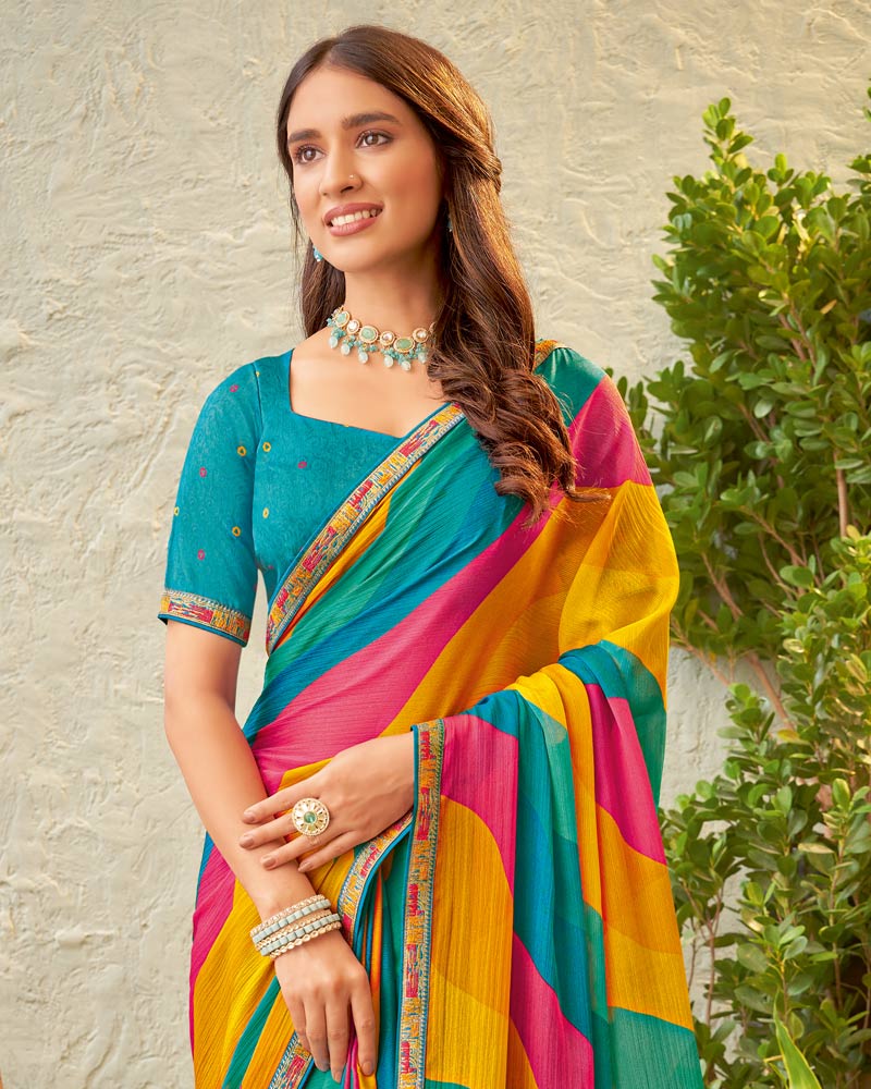 Vishal Prints Teal Blue Fancy Chiffon Printed Saree With Zari Border